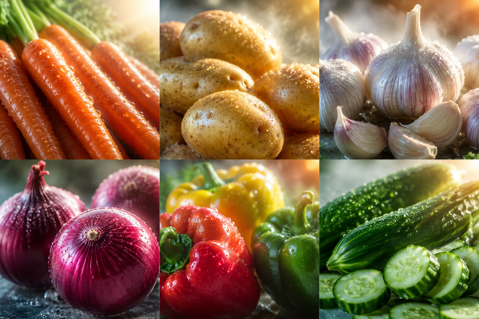Fresh vegetables including potatoes, garlic, and onion
