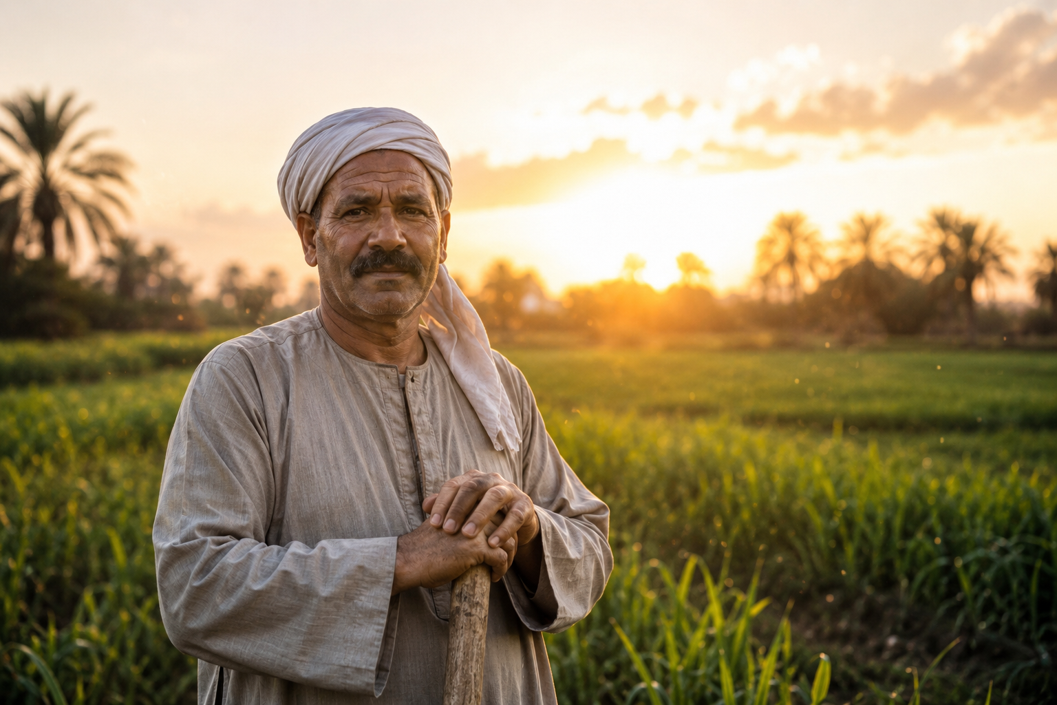 Egyptian farmer inspecting crops for export quality