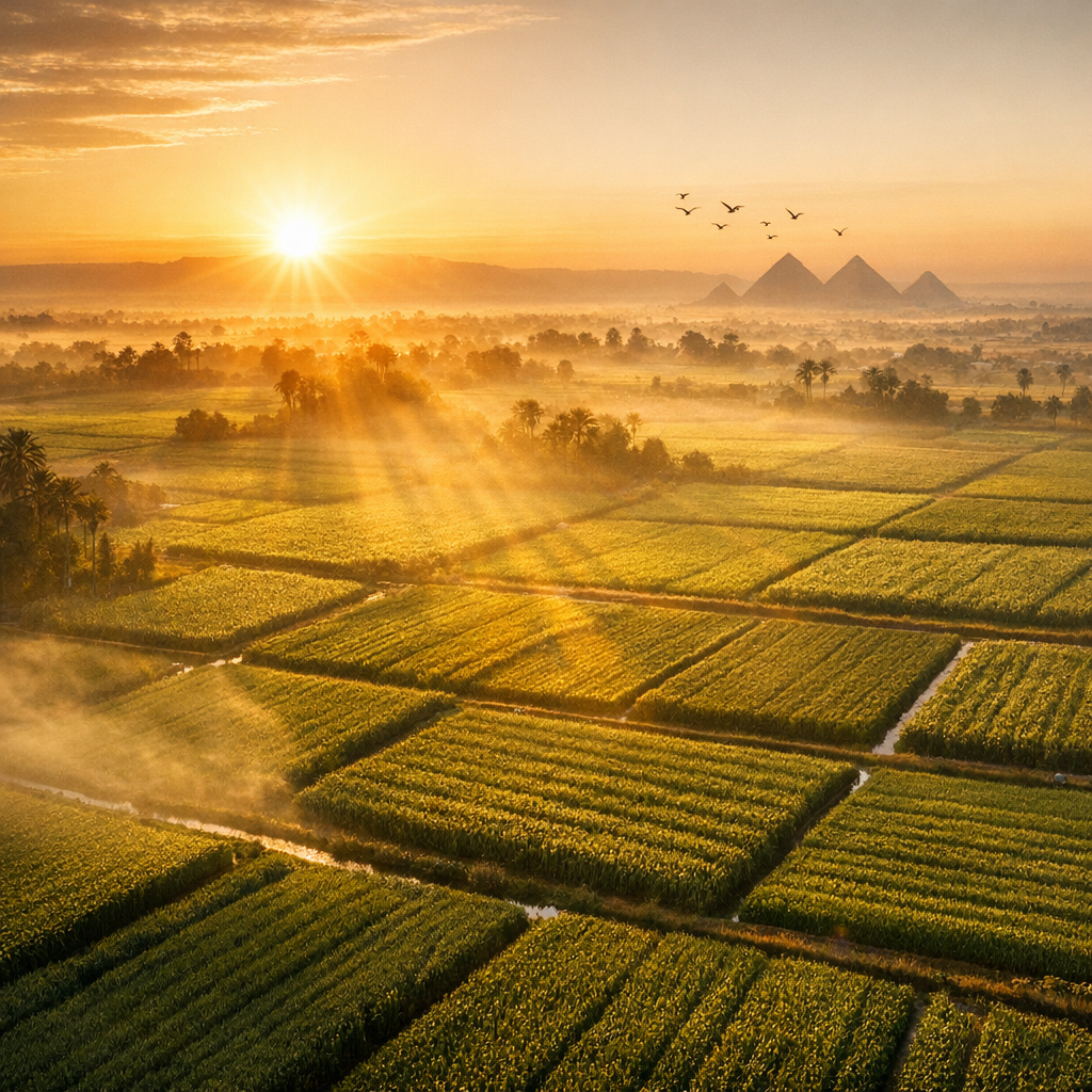 Sunrise over Egyptian farms with pyramids in the distance