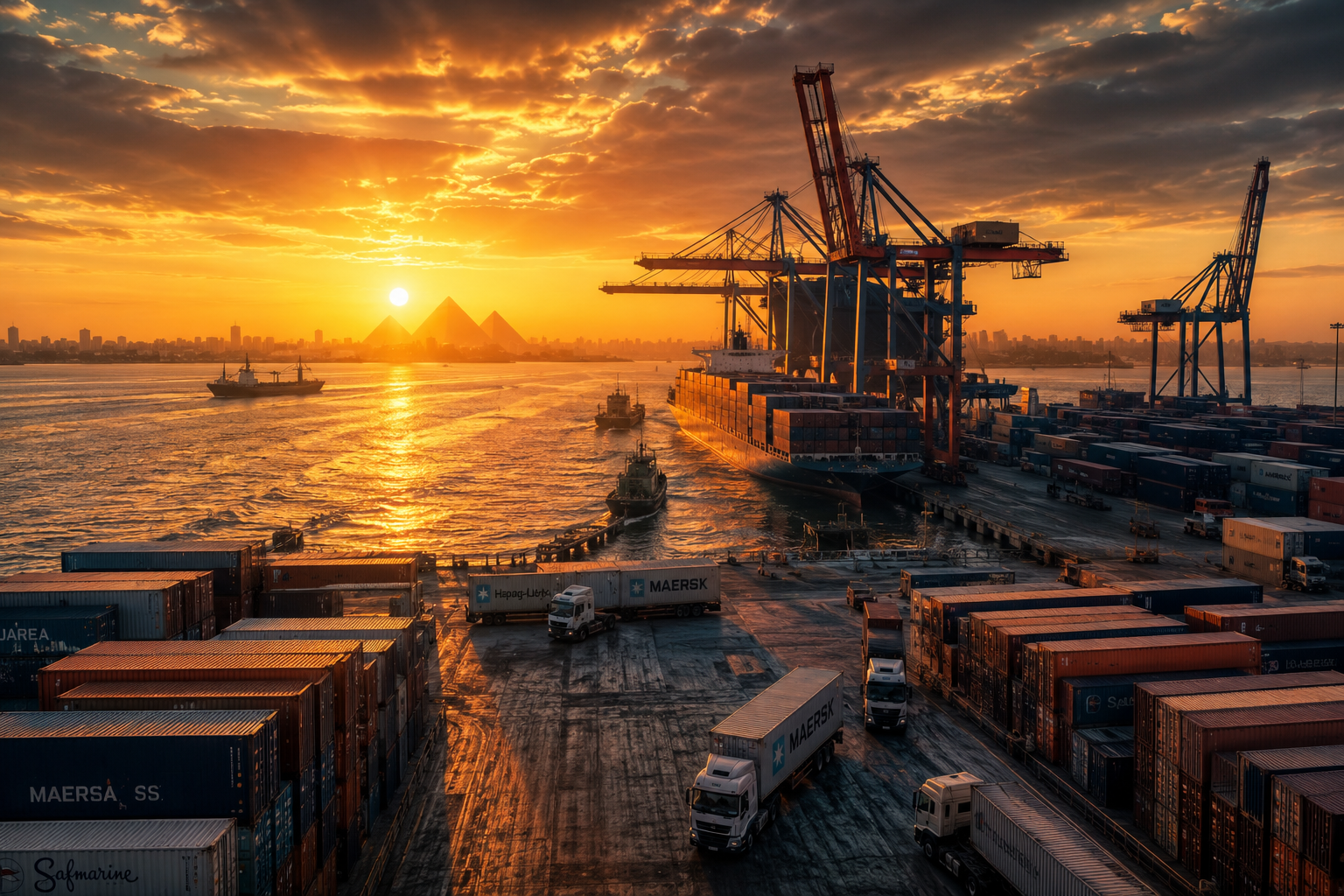 Cinematic sunset port visual for global export