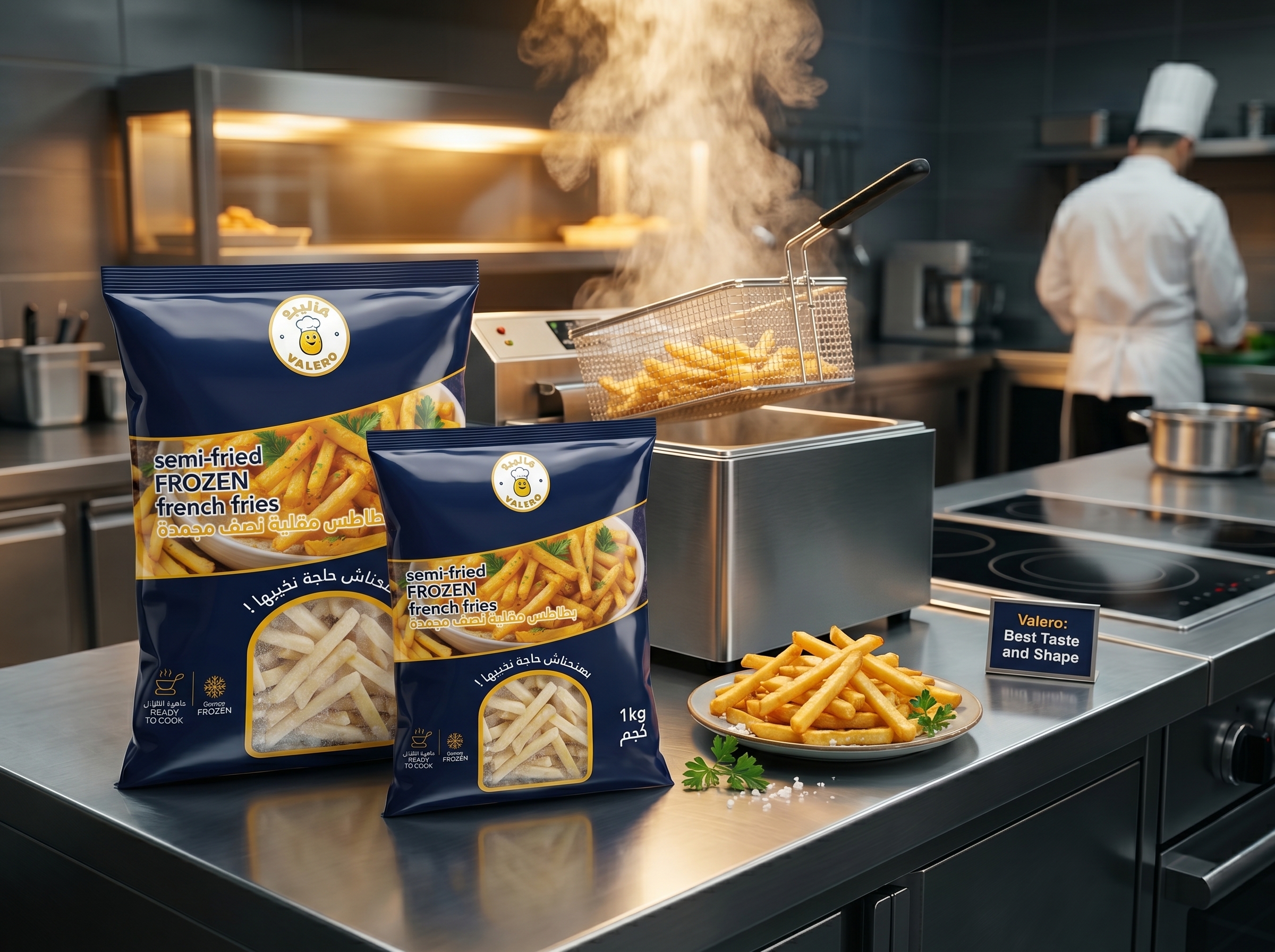 Valero flexible frozen fries bags in a warm restaurant scene